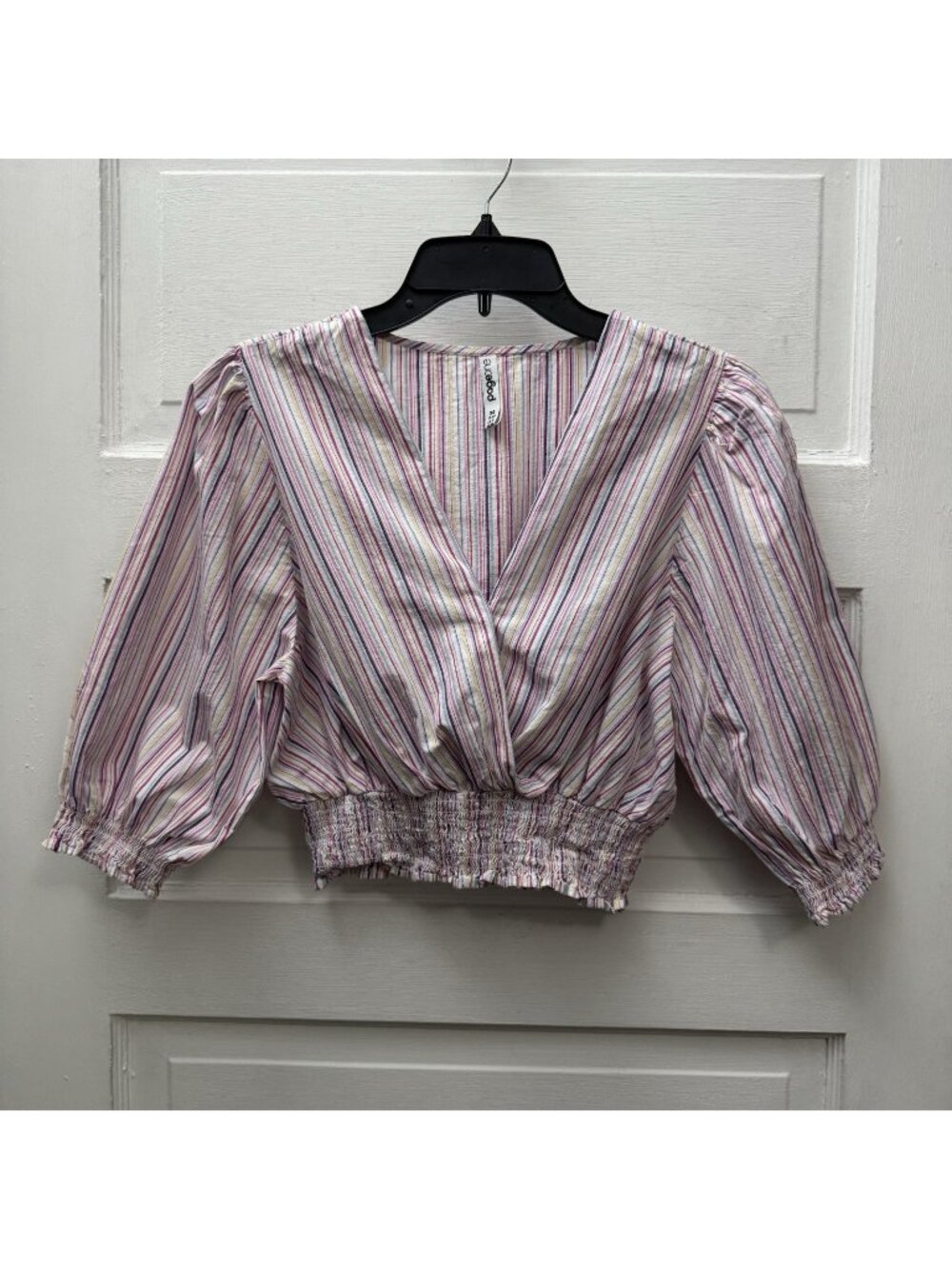 Page One Women’s XS Striped Wrap Crop Top 100% Cotton Puff Sleeve Smocked